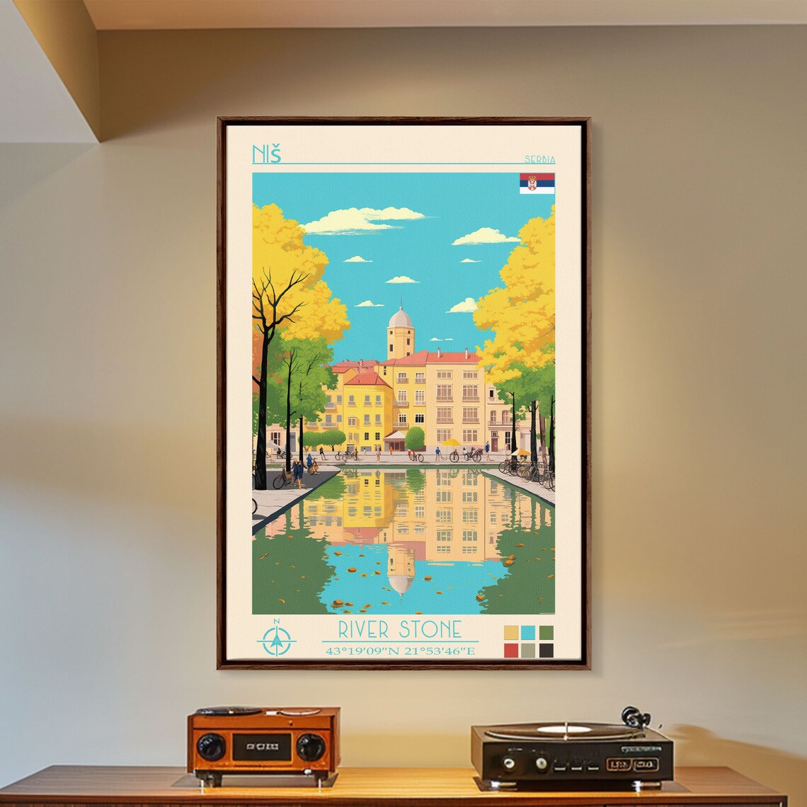 Nis Serbia Canal Reflection Golden Autumn Trees Old Town Travel Poster