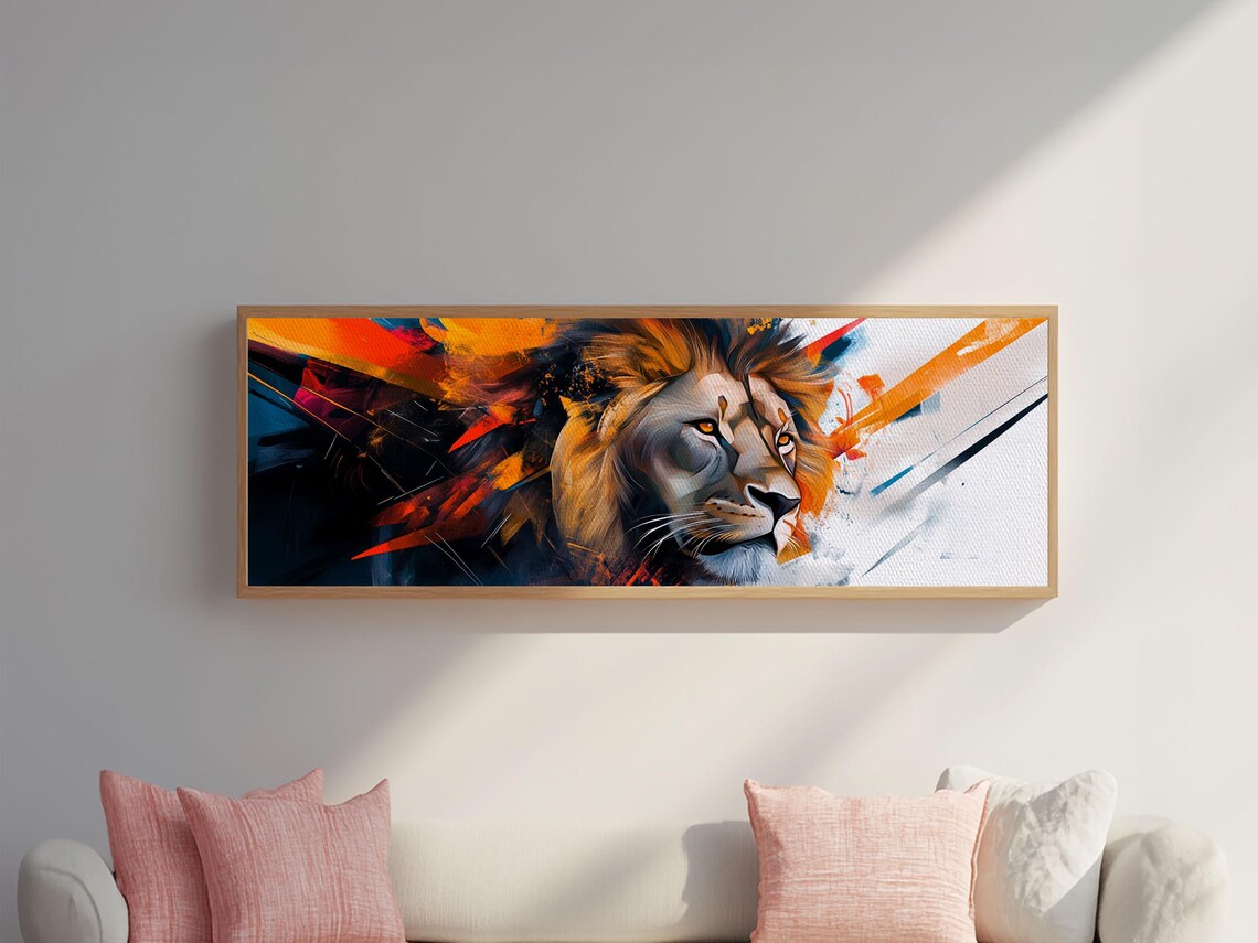 Majestic Lion Head Bold Abstract Orange Black Brushstroke Panoramic Art Print - Image 5