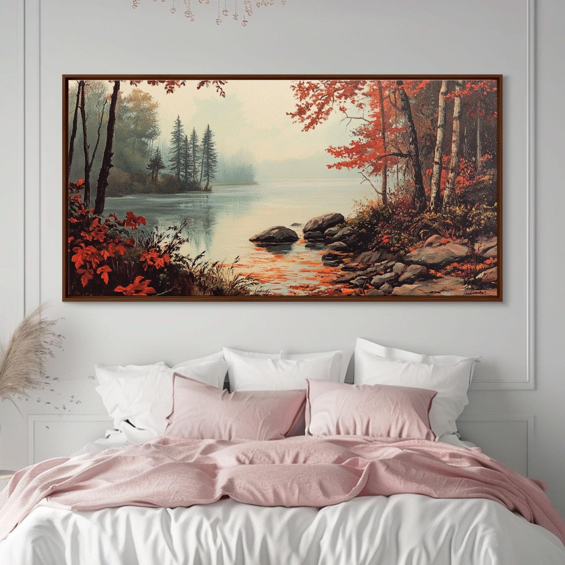 Fall On The River Autumn Lake Red Foliage Pines Misty Landscape Poster - Image 3