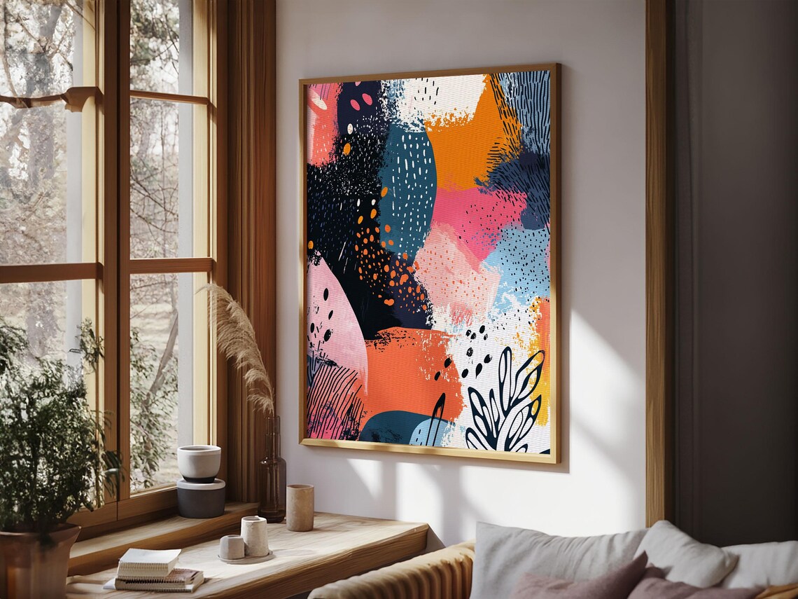 Modern Abstract Organic Shapes Coral Navy Pink Botanical Wall Art - Image 5