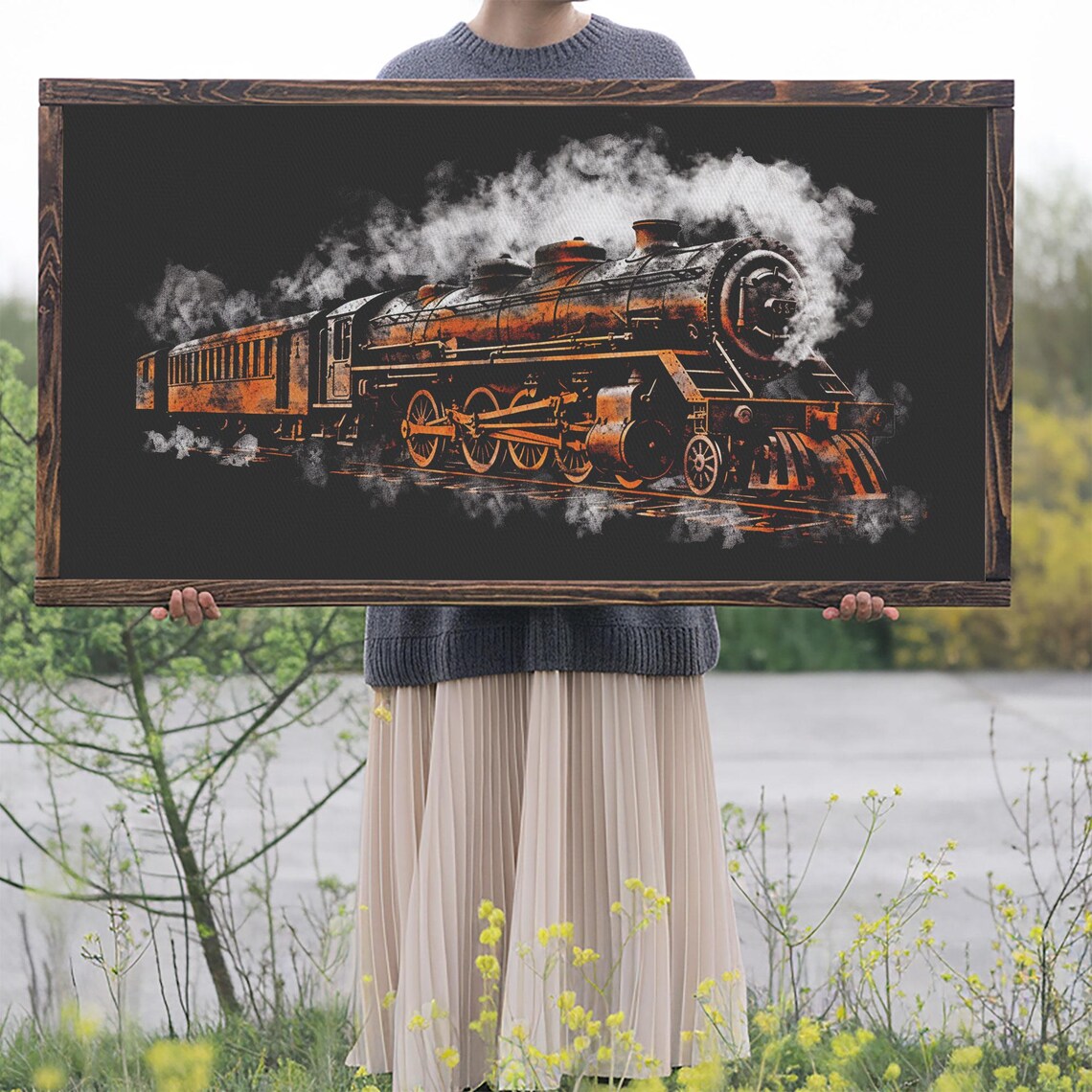 Locomotive Wall Decor Orange Steam Train Wall Art Retro Train Wall Art Panoramic Wall Decor Print Wall Art Framed Art - Image 2