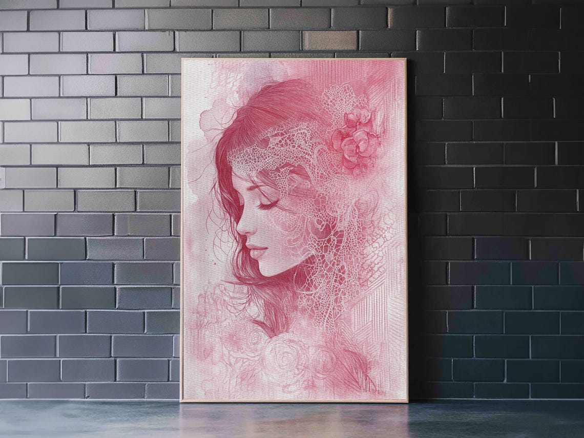 Pink Woman Portrait Lace Floral Sketch Elegant Romantic Art Poster - Image 4