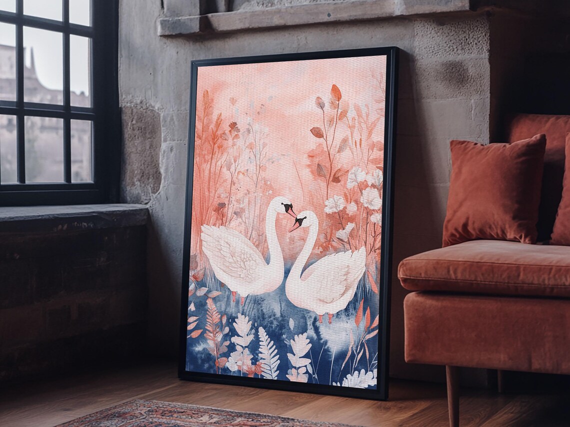 White Swans Pair Pink Pond Floral Watercolor Romantic Bird Wall Art - Image 4