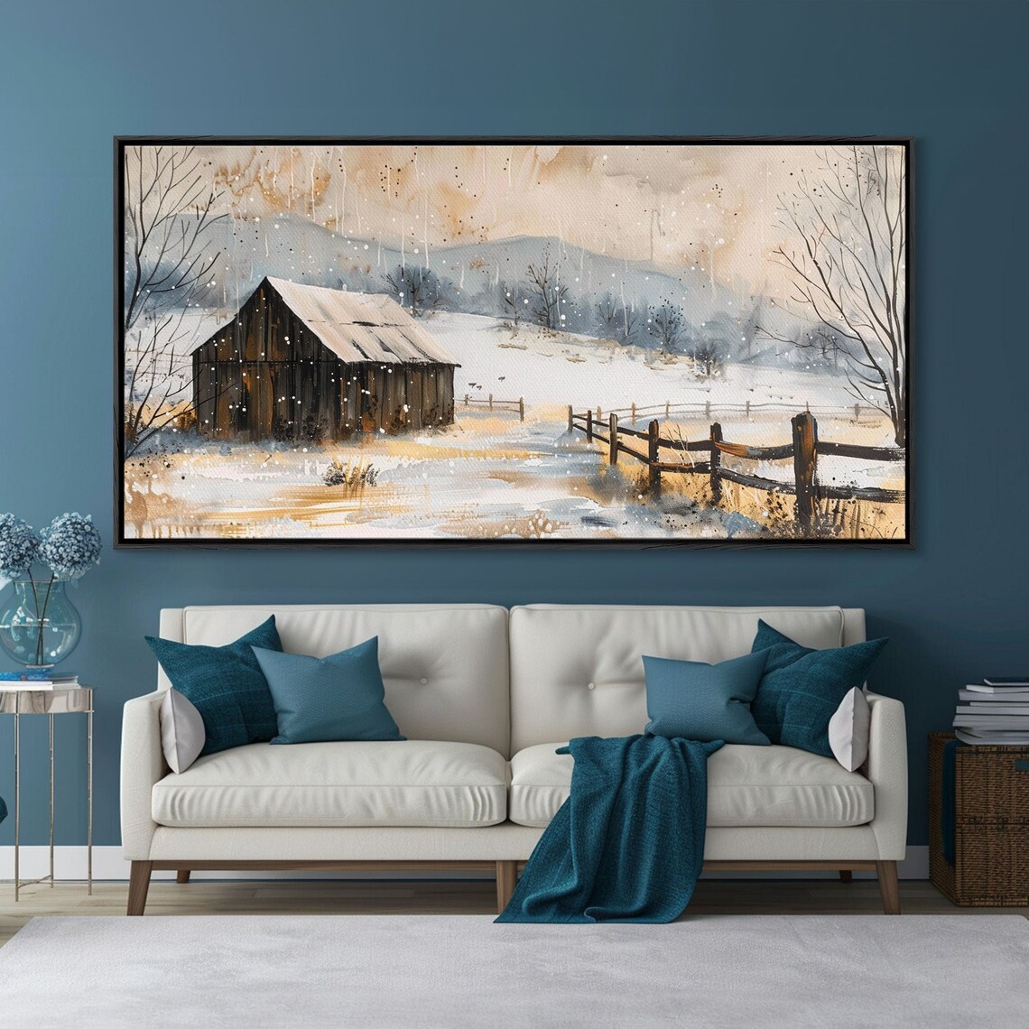 Snowy Barn In Winter Field, Rustic Farmhouse Art Print
