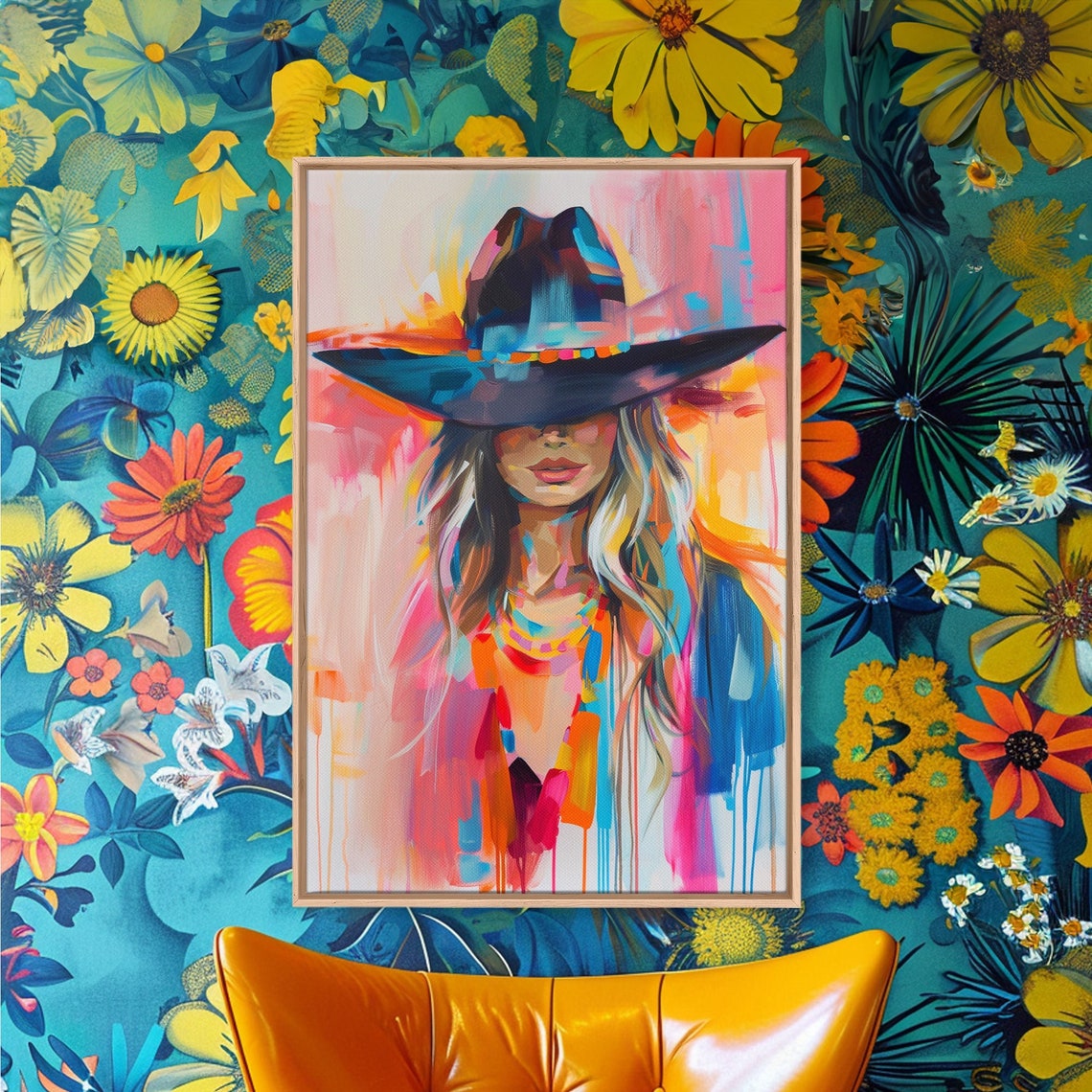 Modern Cowgirl Portrait Black Hat Colorful Western Pop Art Poster - Image 3
