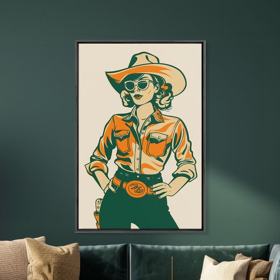 Stylish Retro Cowgirl In Sunglasses Illustration Framed Print Vintage Western Decor Classic Cowgirl Wall Art For Home