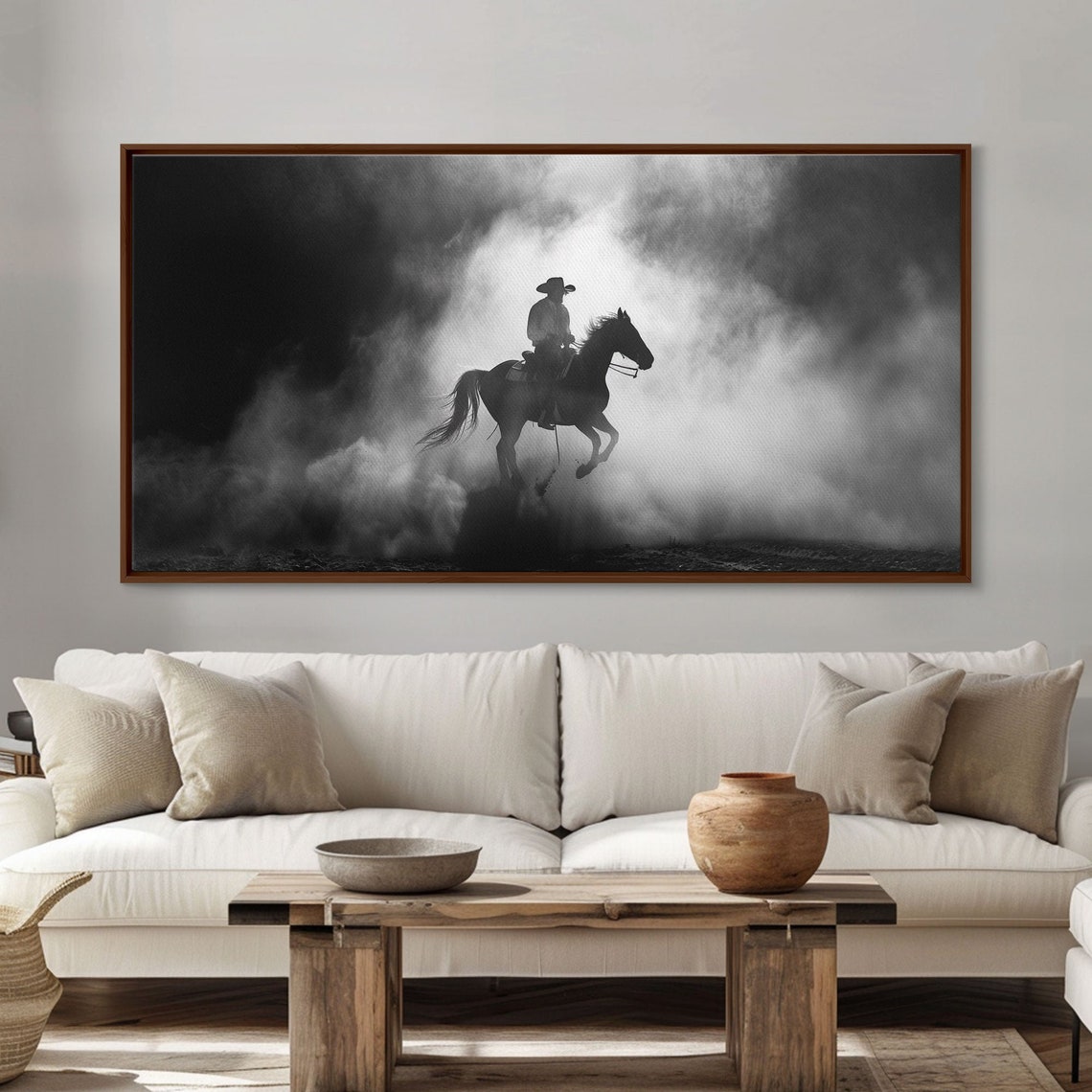 Silhouette Of Cowboy On Horse In Dusty Arena Framed Print For Western Style Home Perfect Living Room Decor Art For Bedroom