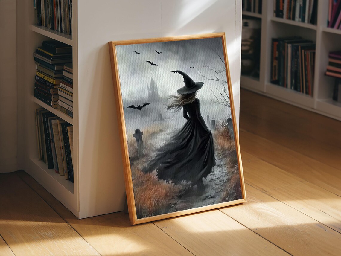 Witch In Foggy Graveyard Bats Gothic Tombstone Dark Halloween Art Poster - Image 4