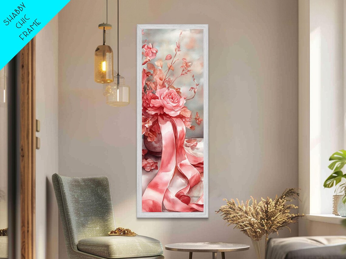 Pink Roses Bouquet Flowing Ribbons Romantic Watercolor Poster - Image 3