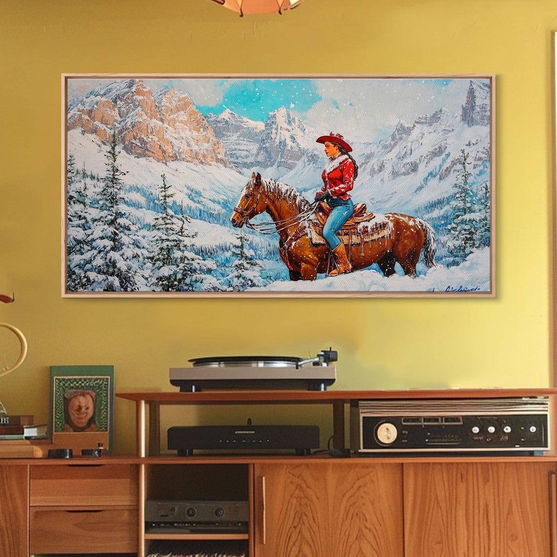 Cowgirl In Red Coat Riding Through Snowy Alpine Mountain Valley Poster - Image 4