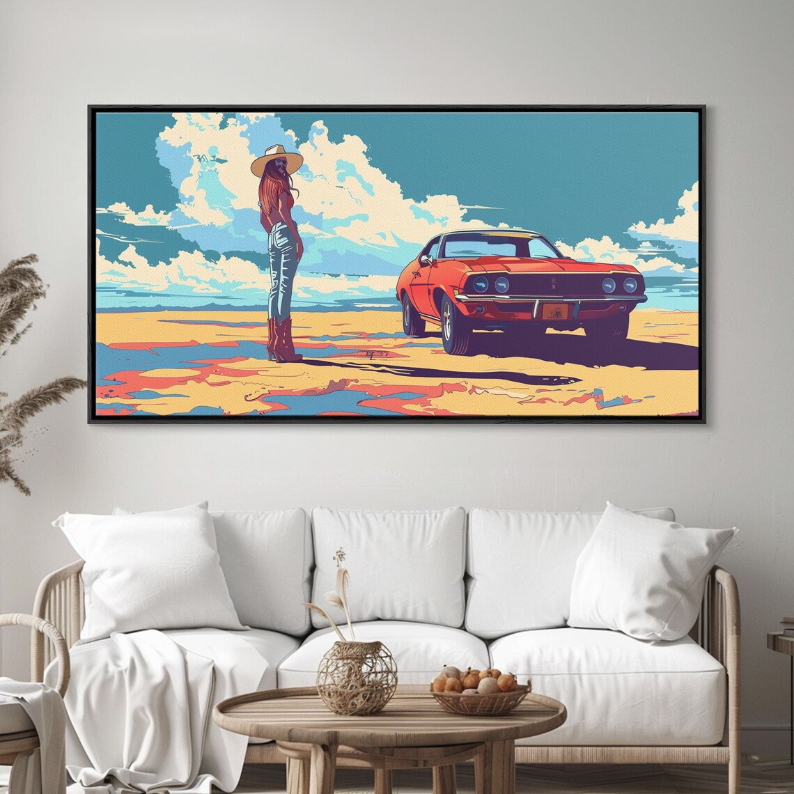Vibrant Pop Art Cowgirl With Red Classic Car Under Desert Sky Poster - Image 2