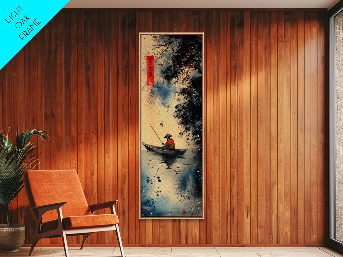 Japanese Fisherman Small Boat Misty Water Ink Wash Painting Style Poster - Image 5