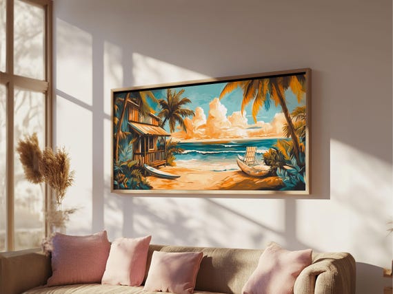 Sunset Surf Shack Print Nautical Wall Art Coastal Painting Rustic Decor Tropical Landscape Art Extra Wide Art Bedroom Art