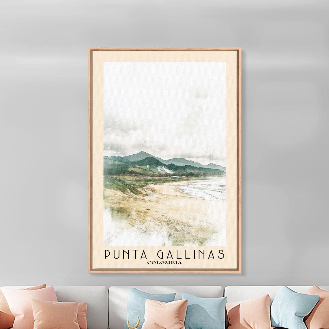Punta Gallinas Colombia Pale Windswept Beach Green Hills Misty Coast Watercolor Poster - Image 3