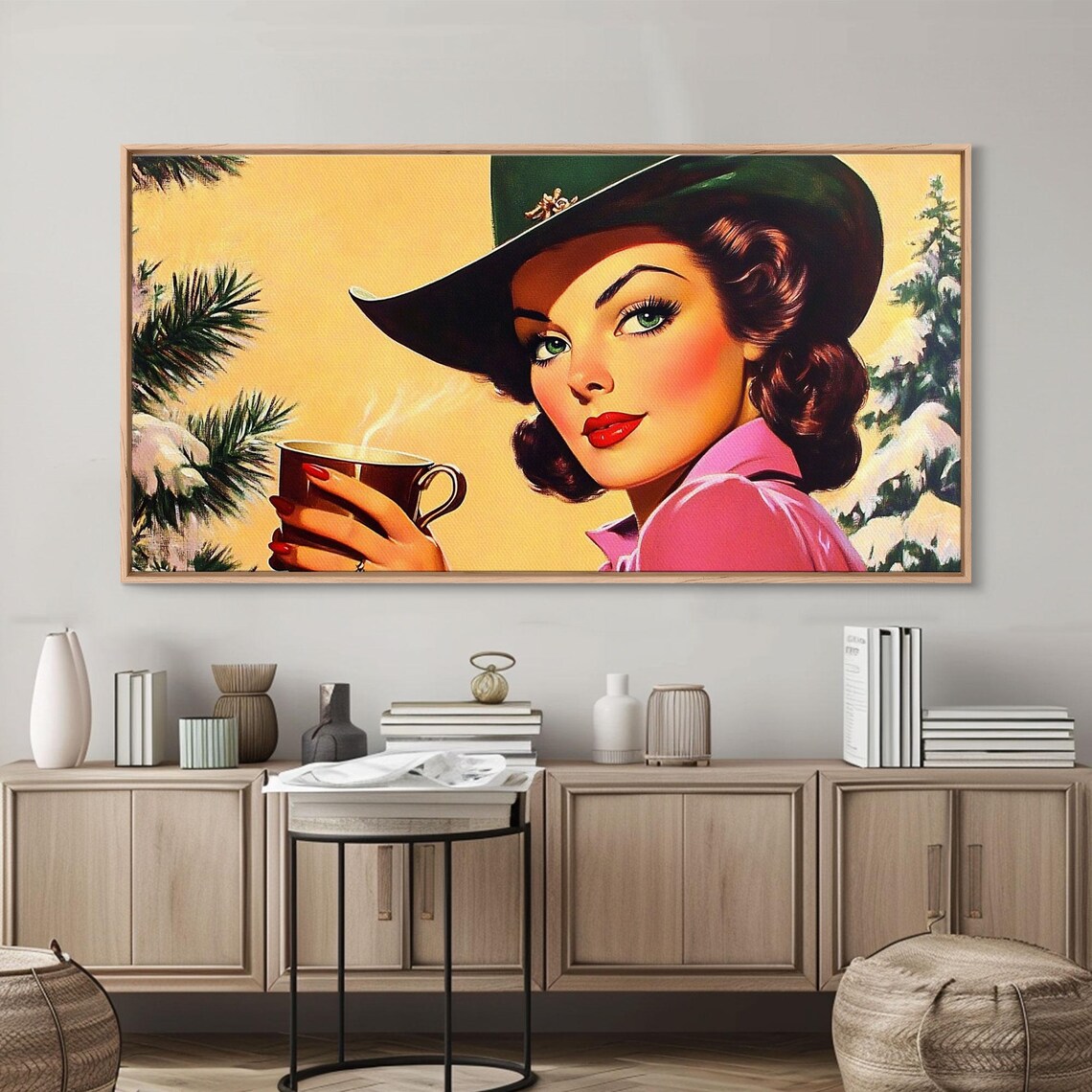 Retro Cowgirl In Green Hat With Coffee Snowy Winter Pines Pinup Poster
