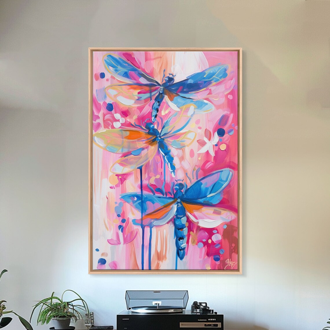 Trio Of Vivid Blue Dragonflies On Pink Abstract Nature Art Poster - Image 5