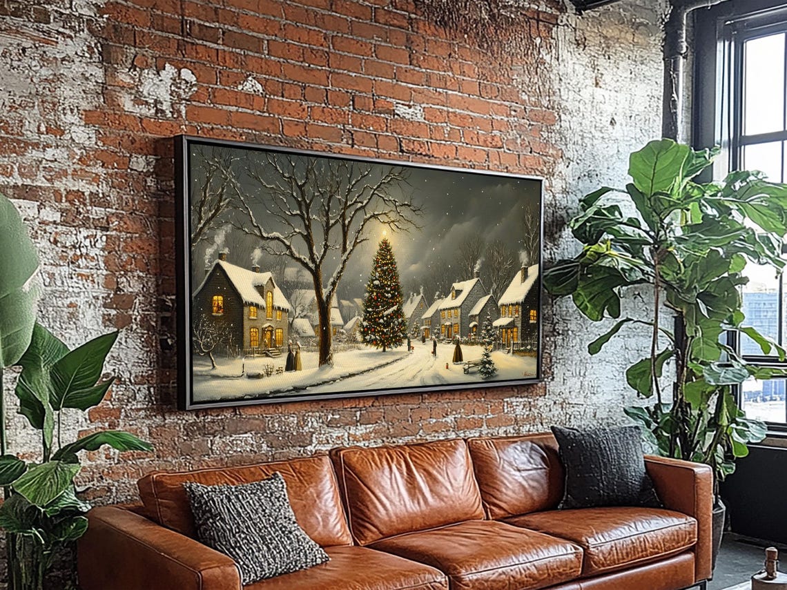 Snowy Christmas Village Night Lit Tree Falling Snow Painting Print