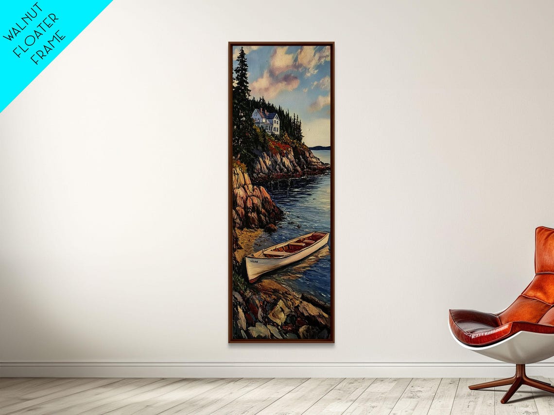 Coastal Cliff Cottage Rowboat Harbor Ocean Landscape Wall Art - Image 2