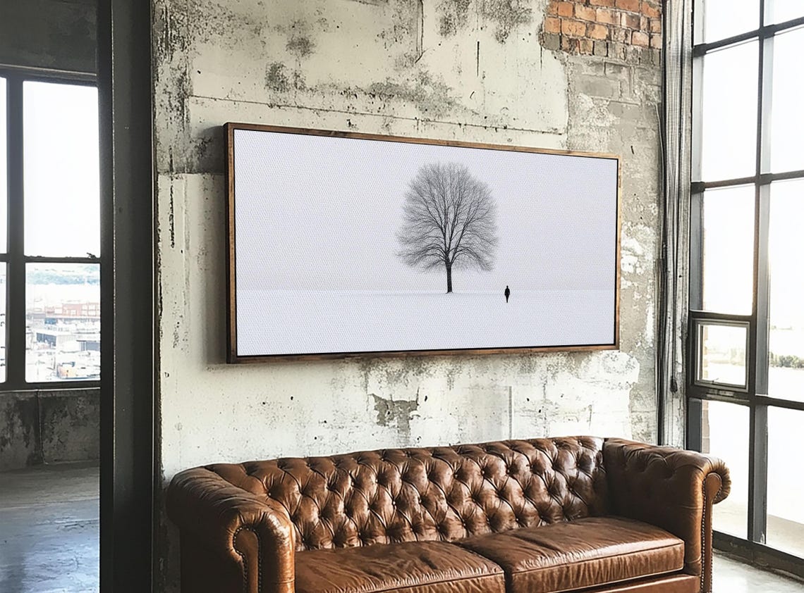Lone Bare Tree Winter Snowfield Minimalist Serene White Art Poster