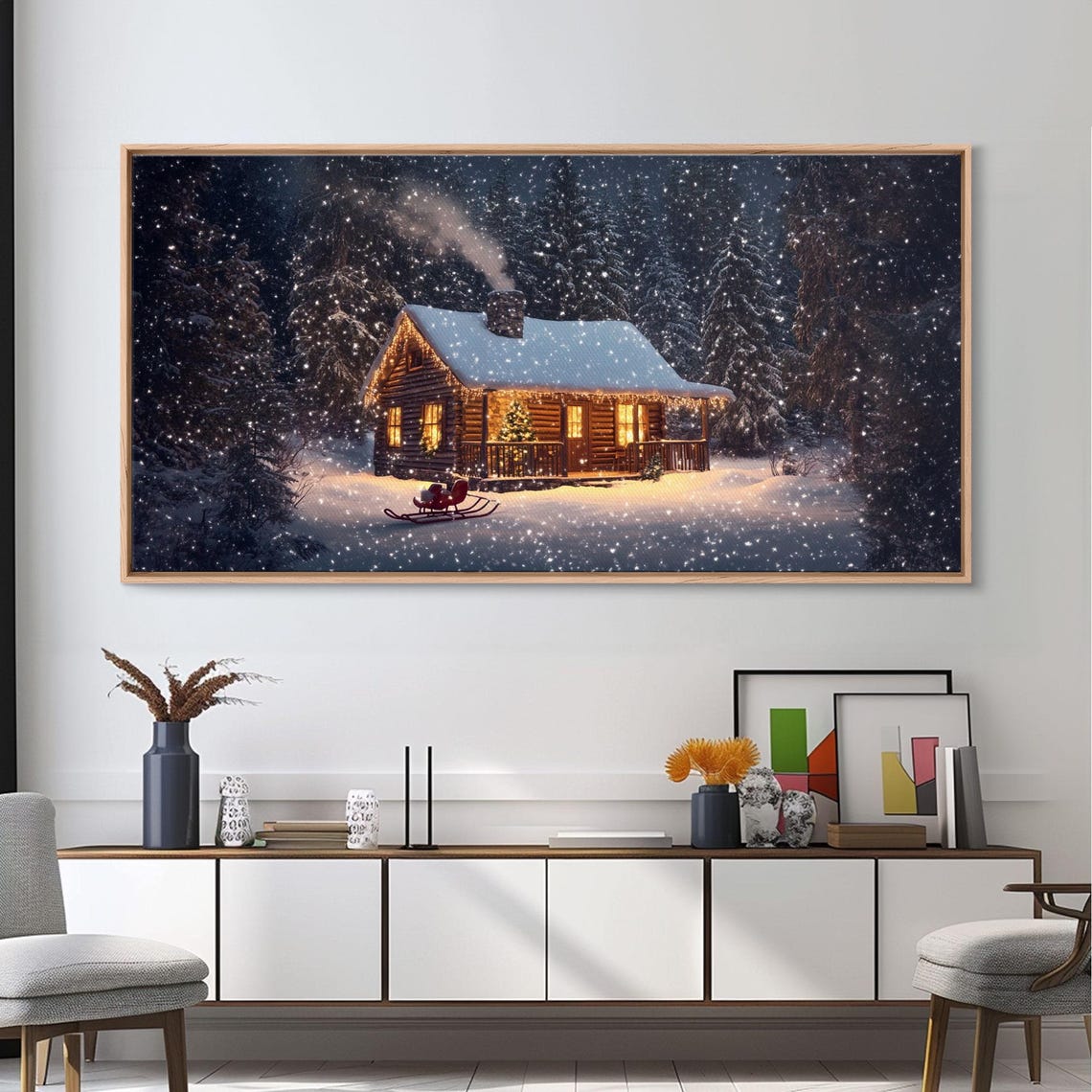 Cozy Log Cabin In The Snow At Night With Glowing Windows Poster - Image 3