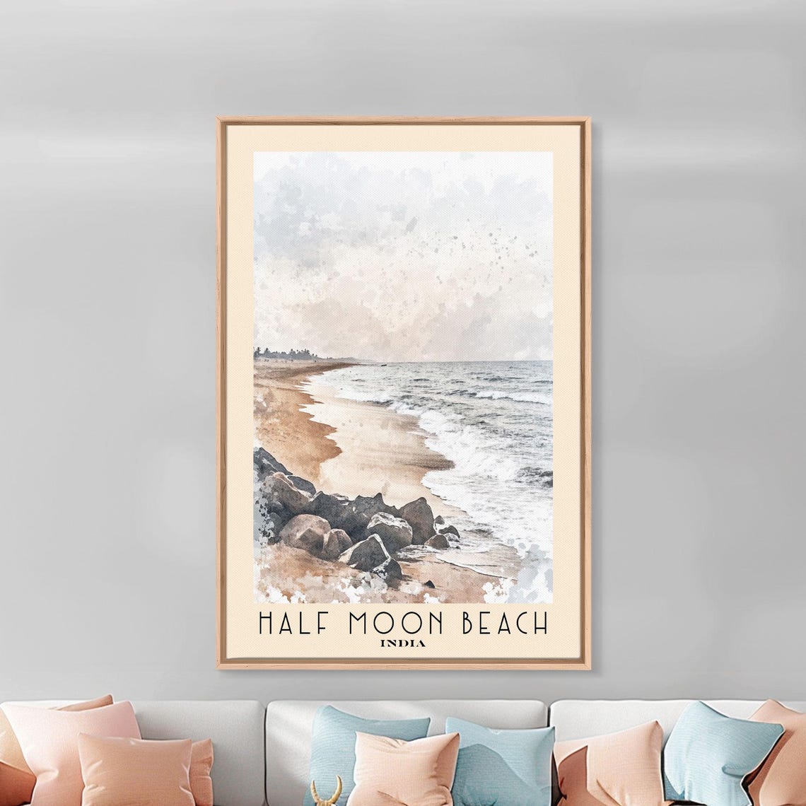 Half Moon Beach India Quiet Shoreline Surf Watercolor Travel Poster - Image 3