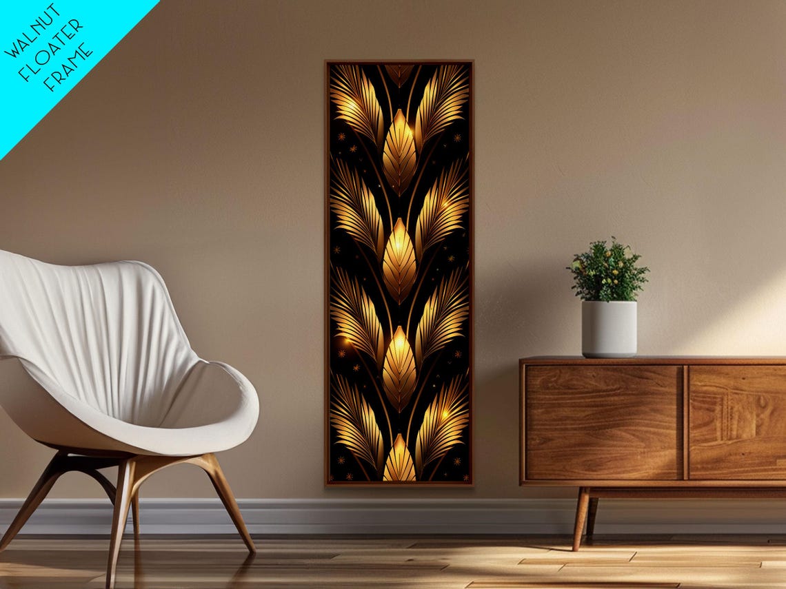 Gold Palm Leaf Feathers Pattern Black Background Art Deco Print - Image 4