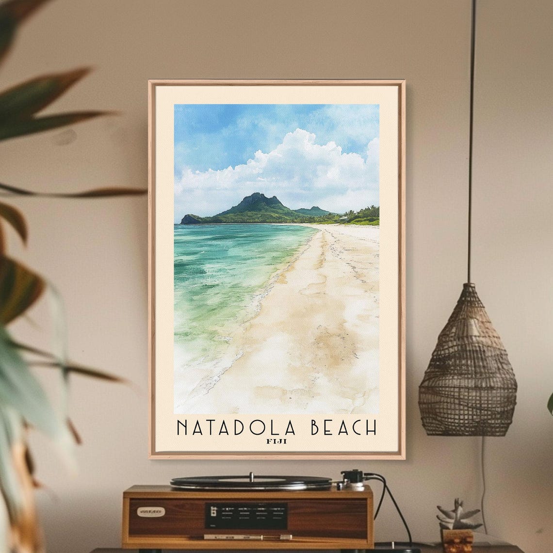 Natadola Beach Fiji Long Sandy Beach Green Mountain Watercolor Poster - Image 2