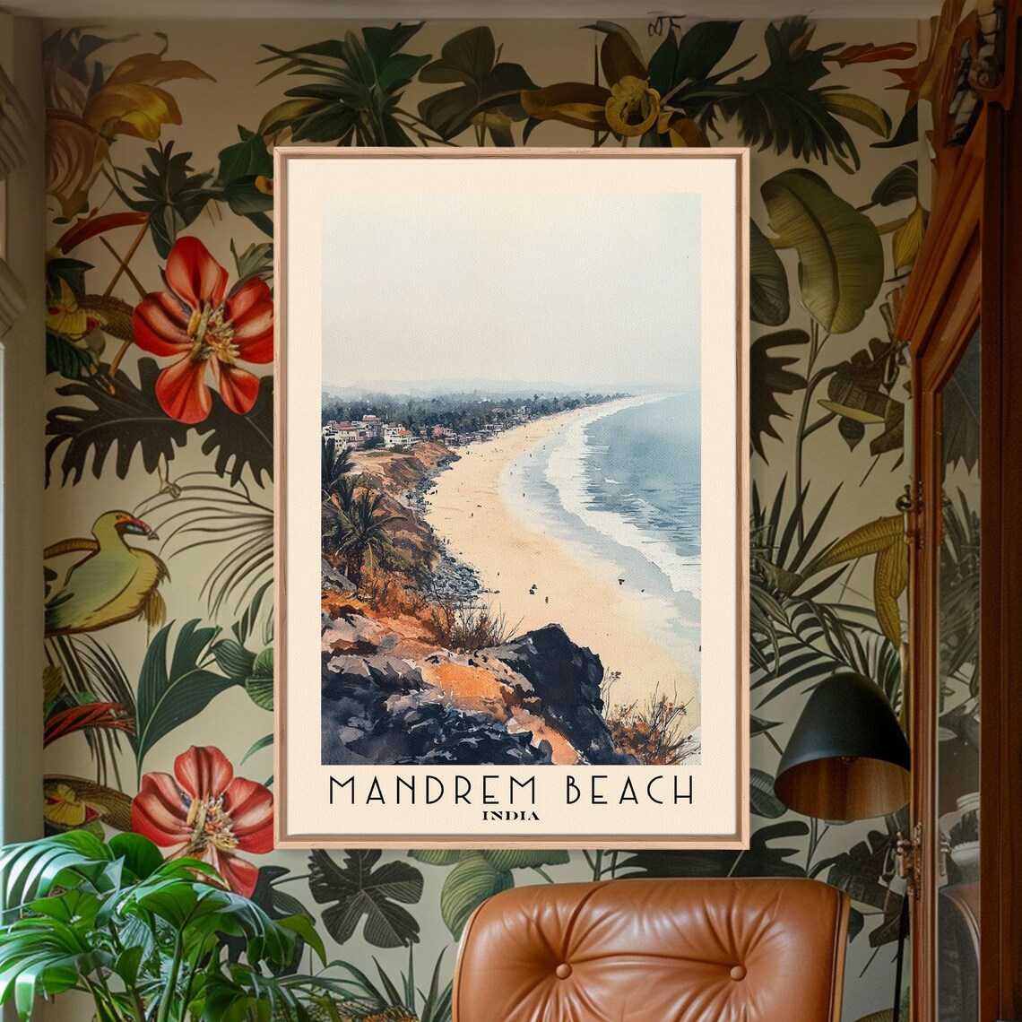 Mandrem Beach India Cliff View Long Sandy Beach Watercolor Travel Poster - Image 2