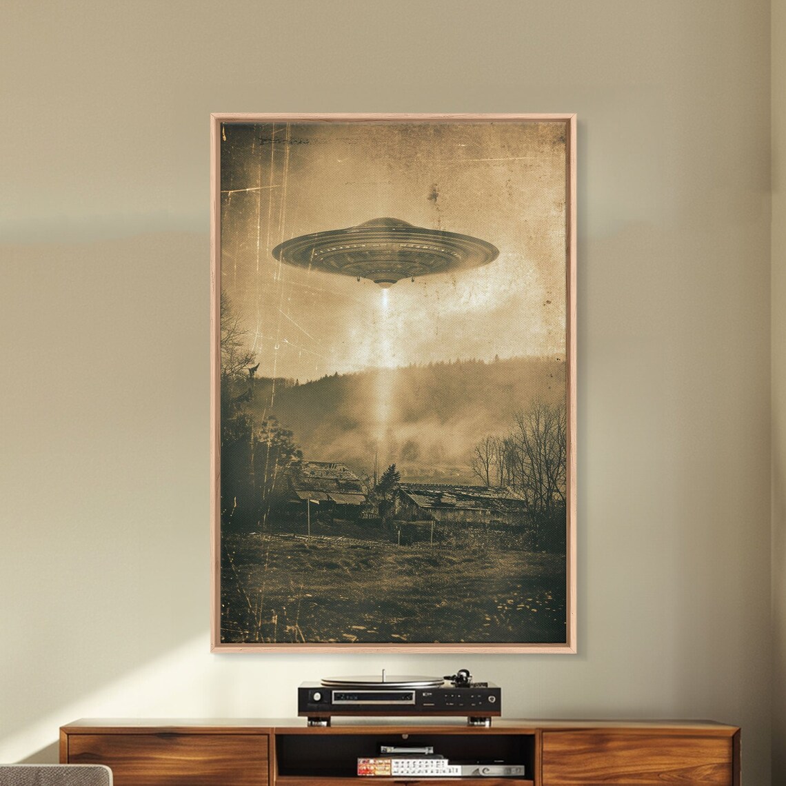 Distressed UFO Flying Saucer Over Farm Poster Vintage Sci Fi Wall - Image 3