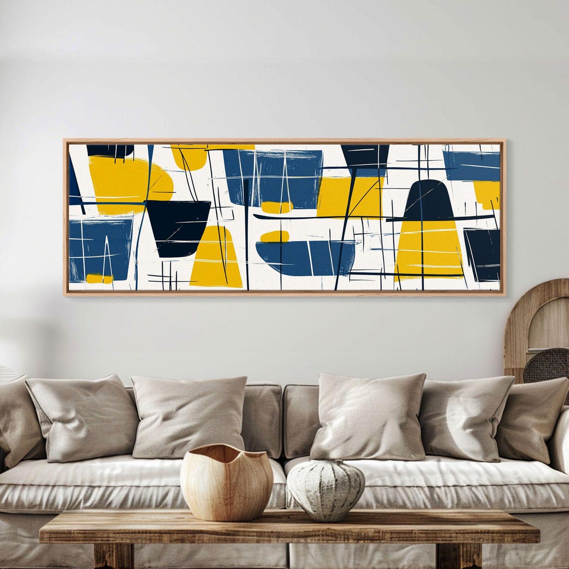 Mid Century Modern Abstract Navy Yellow Geometric Panoramic Print - Image 3