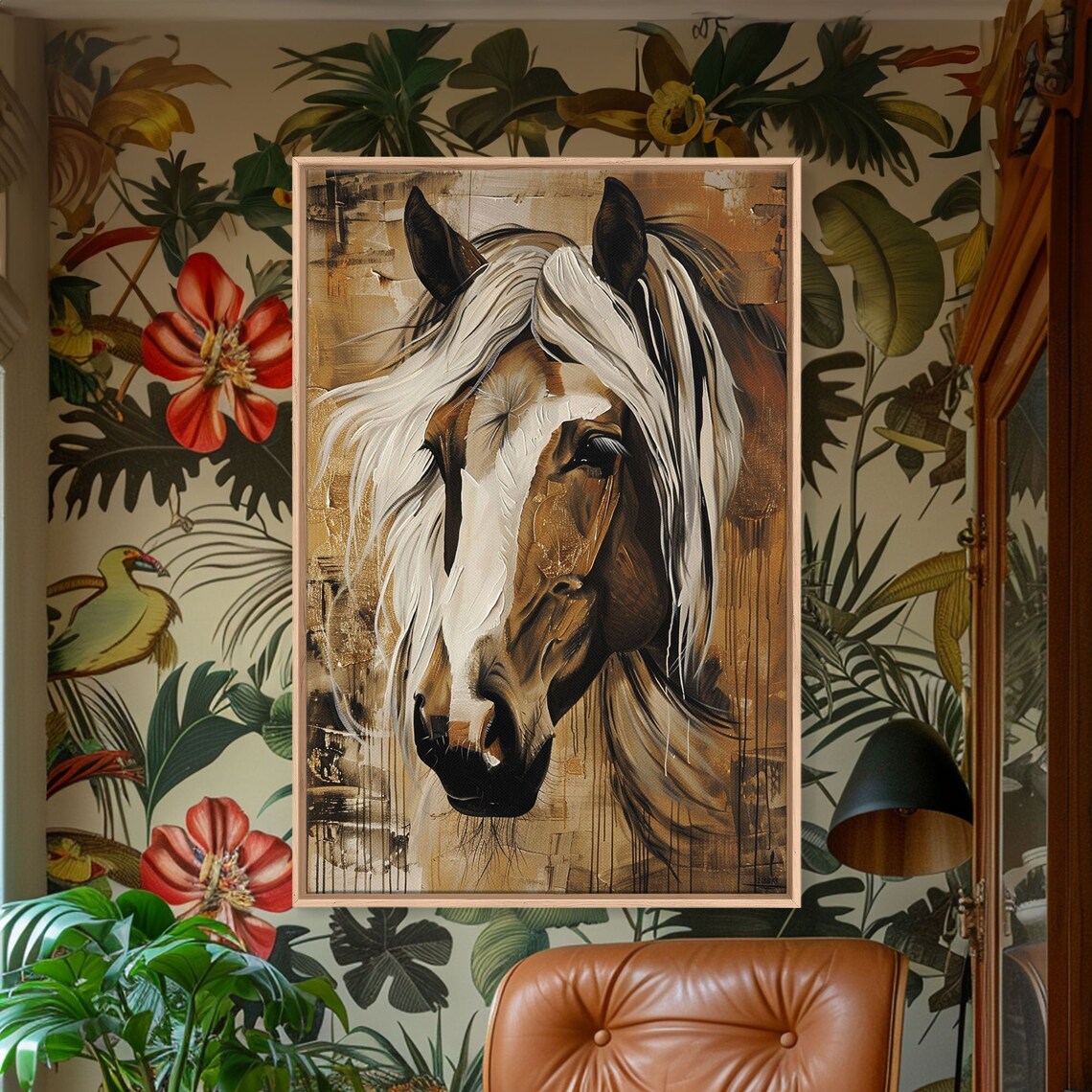 Majestic Horse Portrait Earthy Tones Flowing White Mane Art Poster - Image 3