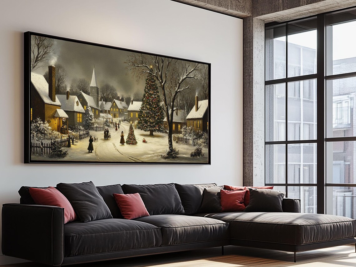 Victorian Christmas Village Night Snowy Church Tree Painting Print - Image 3