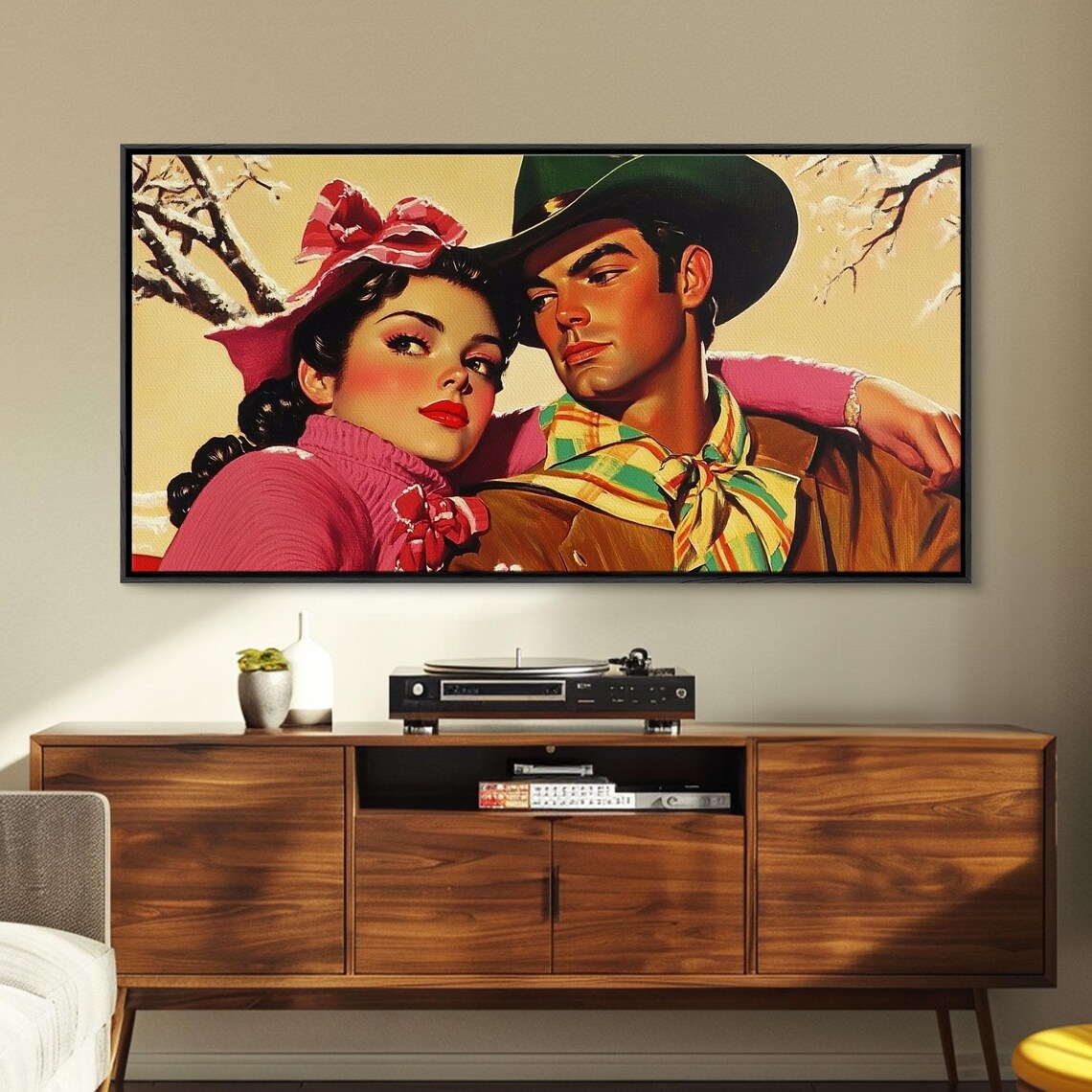 Retro 1950s Cowboy Cowgirl Couple Embracing In Winter Love Poster - Image 2