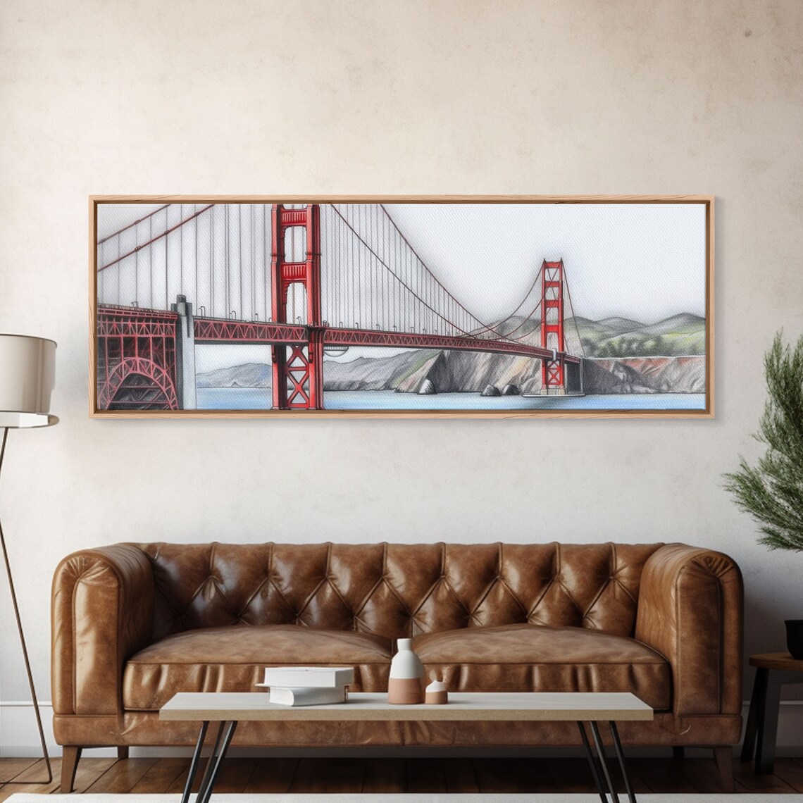 The Golden Gate Bridge Print Colored Pencil Sketch Art Mountain Landscape River Lake Panoramic Wall Art Print
