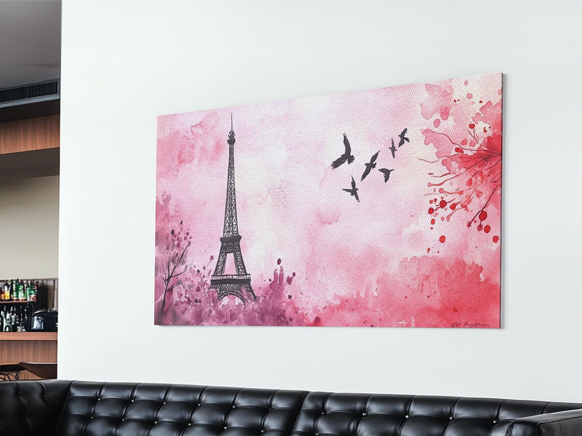 Eiffel Tower And Birds Pink Watercolor Paris Skyline Romantic Poster - Image 5
