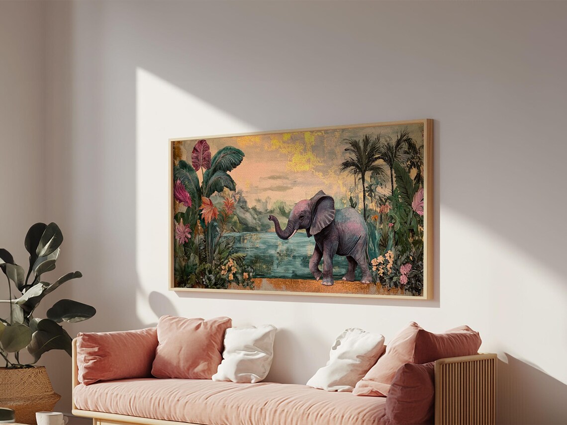 Baby Elephant In Exotic Jungle Lagoon Tropical Leaves Panoramic Wall Art - Image 4