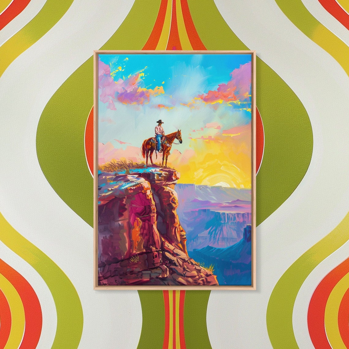 Cowboy On Horseback Canyon Cliff Edge Colorful Sunrise Western Poster - Image 5