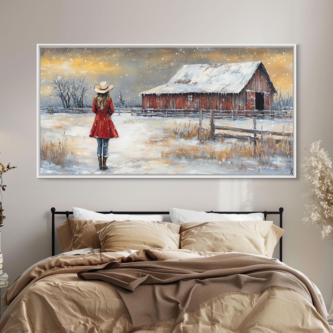Barn Painting Framed Print Cowgirl And Her Barn Rustic Farmhouse Decor Winter Painting Winter Wonderland Farmhouse Wall Art - Image 4