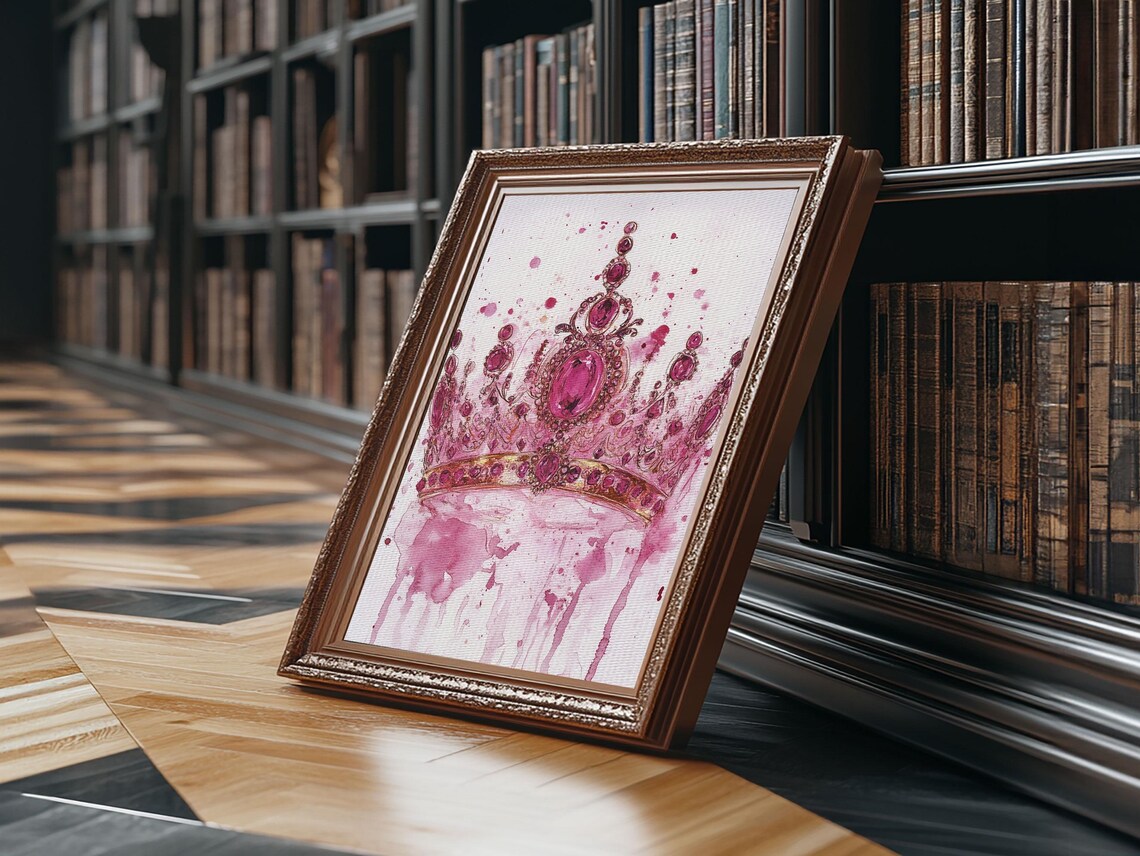 Regal Pink Jeweled Crown Watercolor Queen Princess Wall Art Poster - Image 4