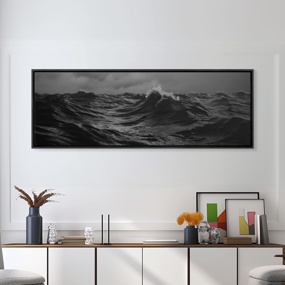 Black And White Ocean Waves Photography Dramatic Dark Seascape Panoramic Wall Art Print - Image 3