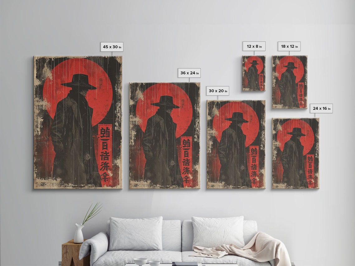 Japanese Noir Detective Silhouette Red Sun Rain Grunge Wall Art - Image 2