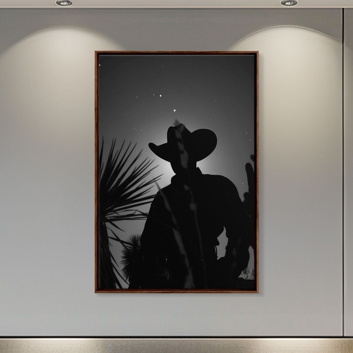 Lone Cowboy Silhouette Under Starry Night Black And White Poster - Image 2