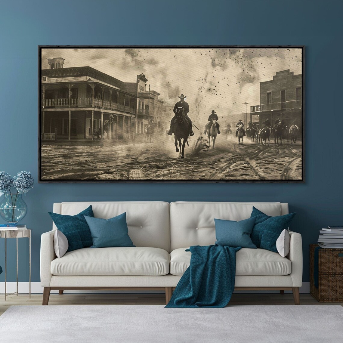 Cowboys Riding Into Old Western Frontier Town Vintage Sepia Art Poster - Image 3