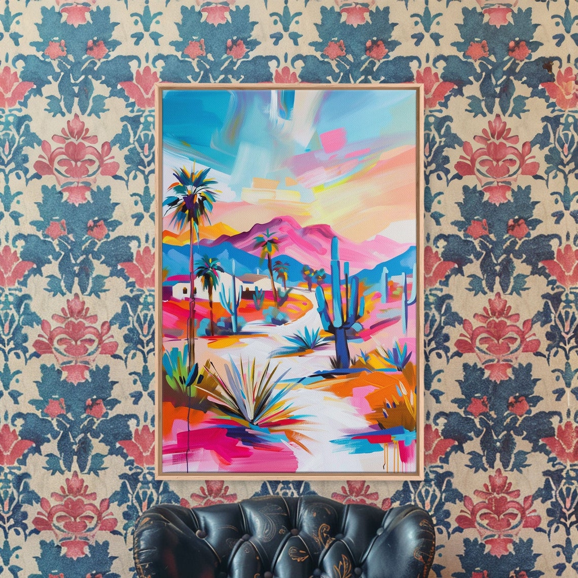 Desert Pathway Palms Cacti Mountains Colorful Southwest Art Poster - Image 4