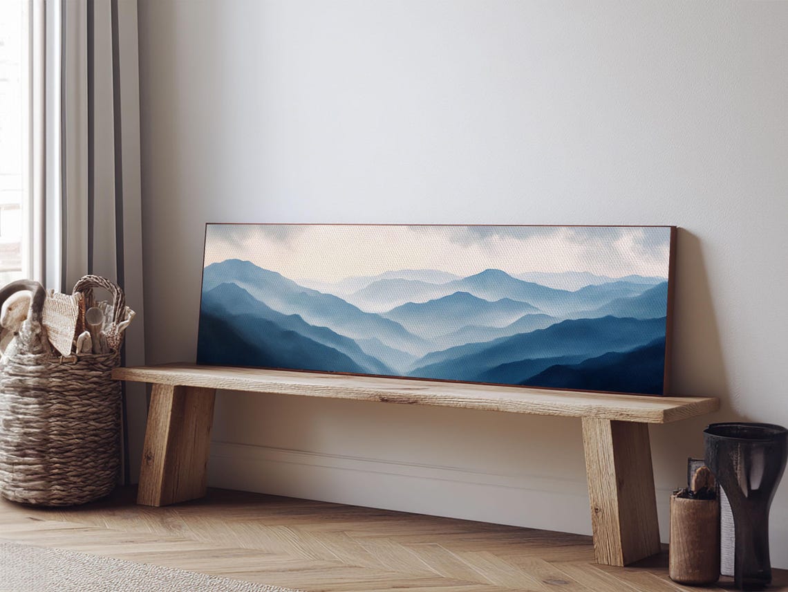 Layered Blue Misty Mountain Ridges Minimalist Panoramic Nature Poster - Image 2
