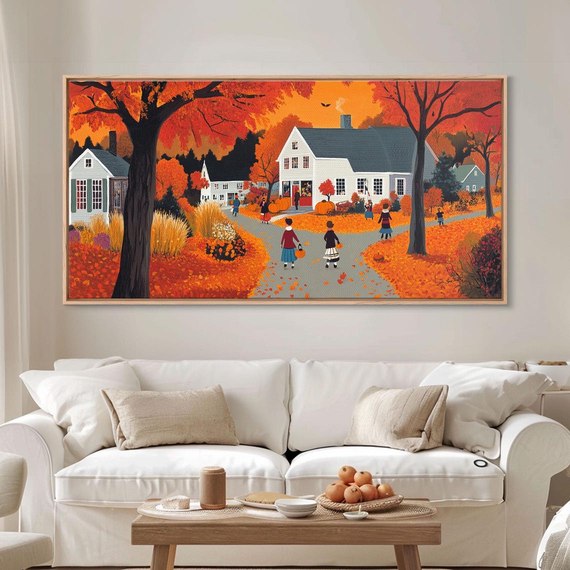 Folk Art Autumn Village Children Pumpkins Orange Trees Fall Poster - Image 6