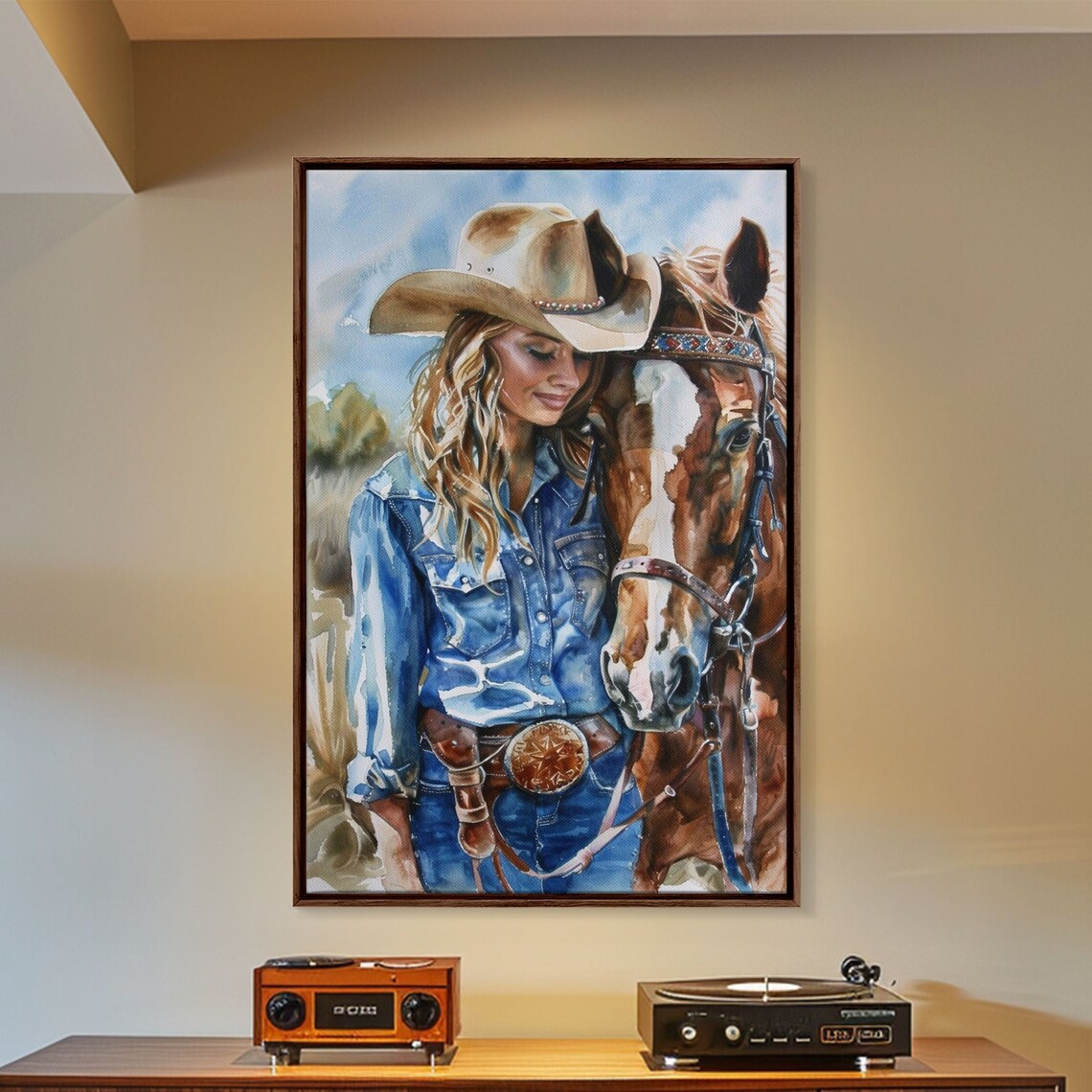 Smiling Cowgirl With Horse Watercolor Western Ranch Life Poster - Image 4