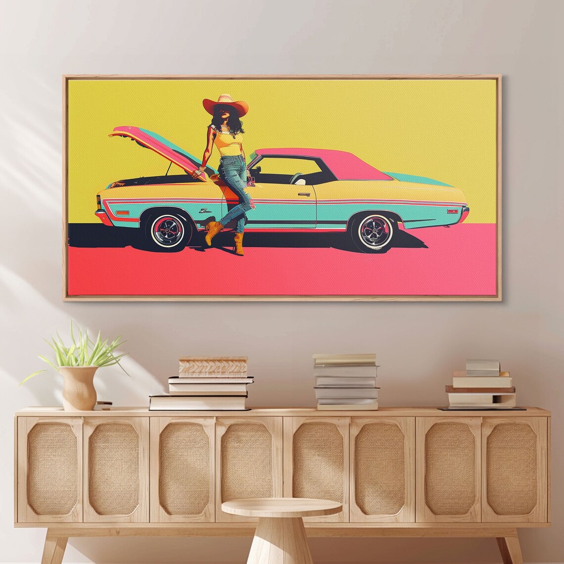 Colorful Pop Art Cowgirl Leaning On Retro Two Tone Classic Car Poster - Image 5