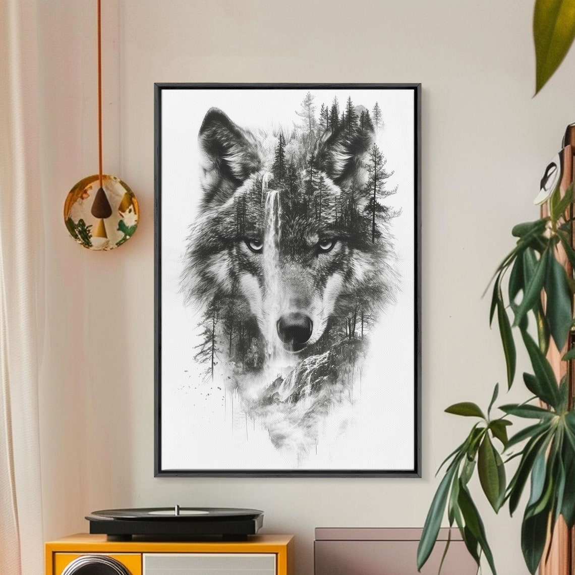 Black and White Wolf Forest Poster with Waterfall Double Exposure - Image 4
