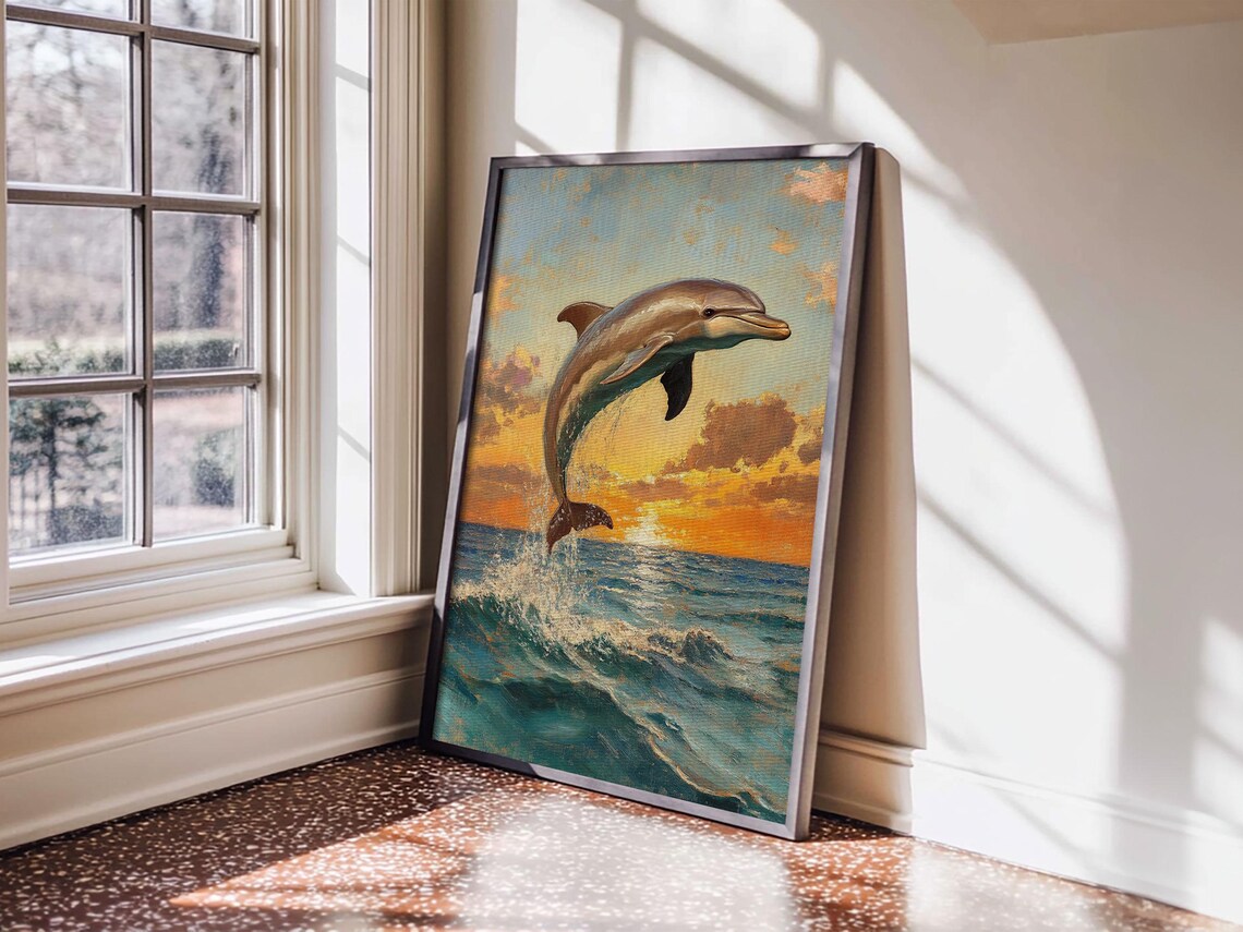 Dolphin Jumping At Sunset Framed Print Dolphin Painting Dolphin Decor Dolphin Wall Art Nuevart - Image 5